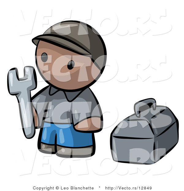 Vector of Cartoon Black Contractor Guy Holding Wrench Beside Toolbox