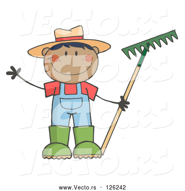 Vector of Cartoon Black Farmer Boy Holding a Rake and Waving