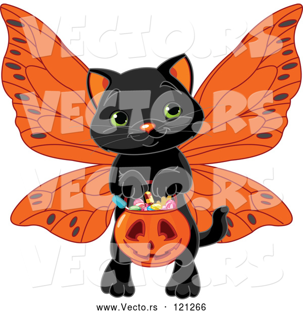 Vector of Cartoon Black Halloween Cat Wearing Wings and Trick or Treating