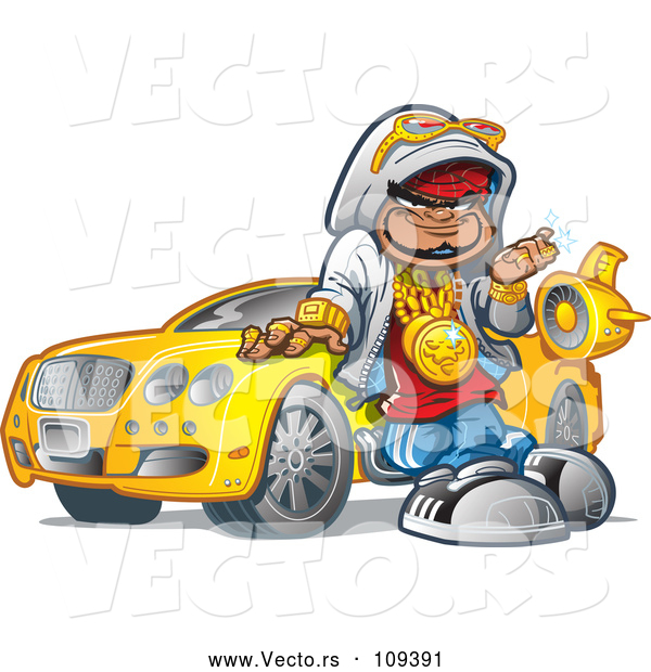 Vector of Cartoon Black Hip Hop Guy Leaning Against His Car and Decked out in Bling