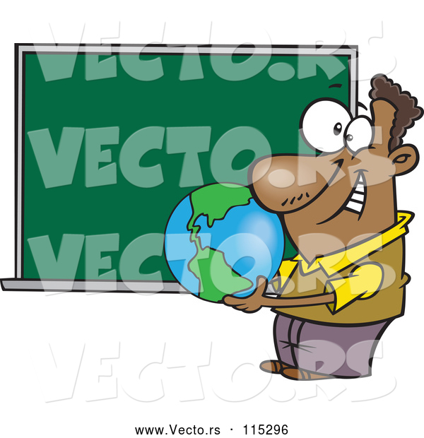 Vector of Cartoon Black Teacher Man Holding a Globe by a Chalkboard