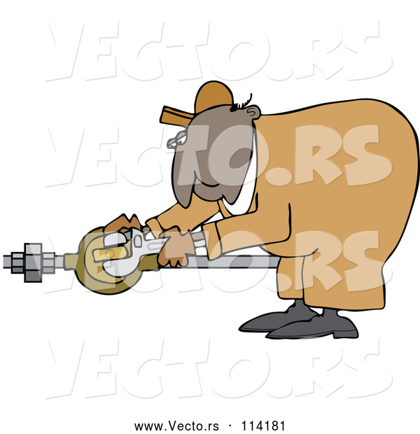 Vector of Cartoon Black Worker Guy Plumber Bending over and Turning a Valve