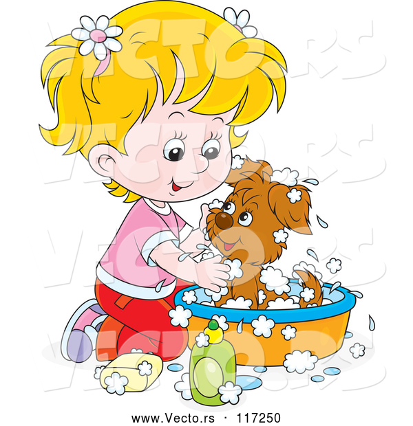 Vector of Cartoon Blond Girl Washing a Puppy in a Tub