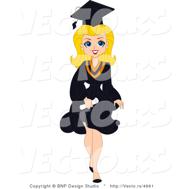Vector of Cartoon Blond Graduation Pinup Girl Walking Forward with Big Smile