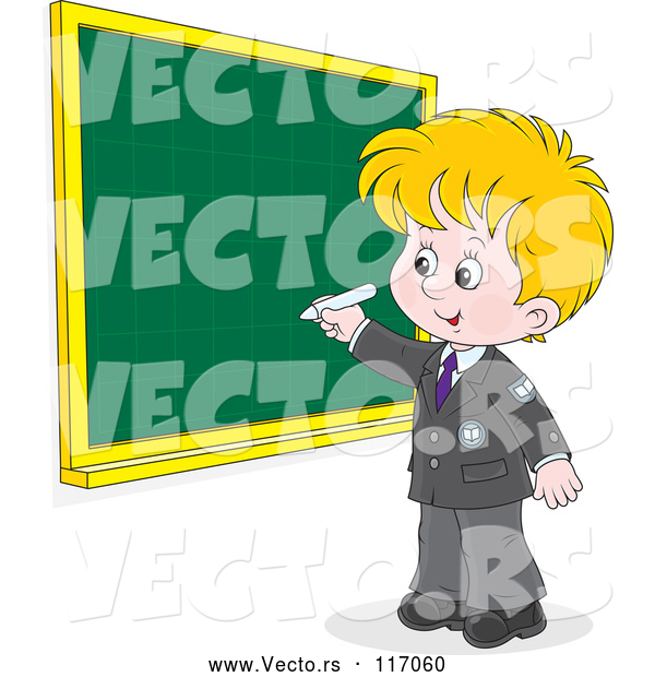 Vector of Cartoon Blond School Boy Writing on a Grid Chalkboard