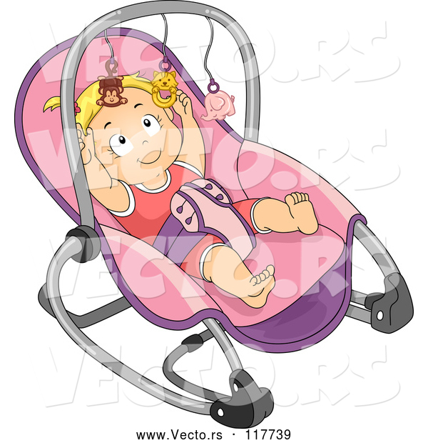 Vector of Cartoon Blond White Baby Girl Reaching for the Toys on Her Rocker