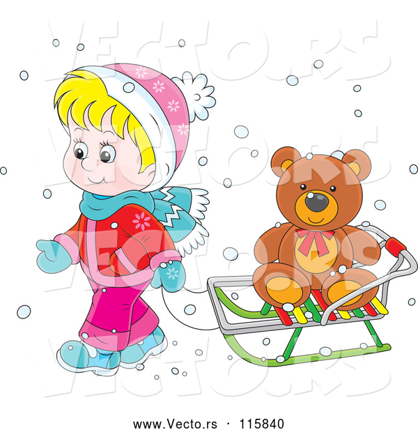 Vector of Cartoon Blond White Boy Pulling a Teddy Bear on a Sleigh