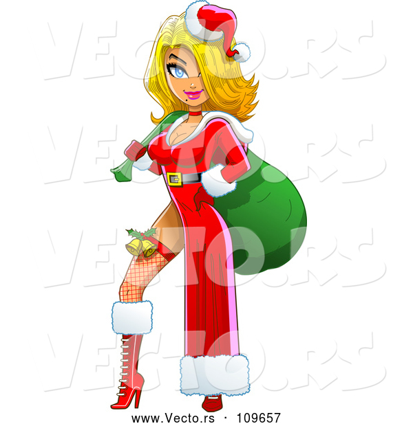Vector of Cartoon Blond White Christmas Pinup Lady Posing in a Sexy Santa Suit, a Sack over Her Shoulder