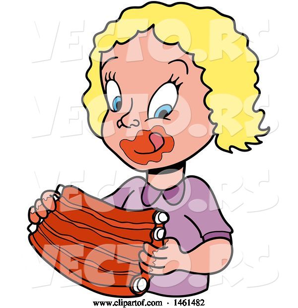 Vector of Cartoon Blond White Girl Licking Bbq Sauce off of Her Lips and Eating Ribs
