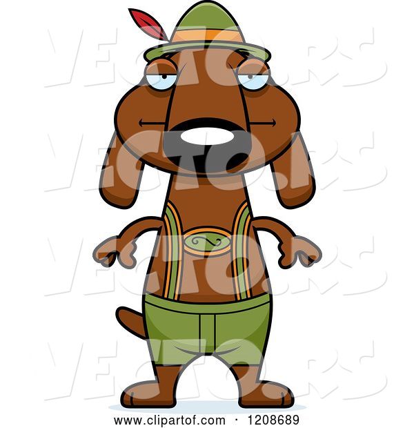 Vector of Cartoon Bored Skinny German Oktoberfest Dachshund Dog Wearing Lederhosen