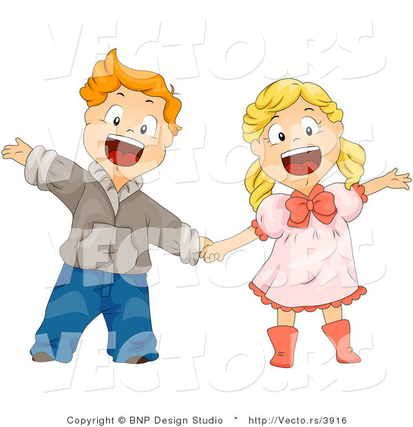 Vector of Cartoon Boy and Girl Holding Hands While Waving and Smiling