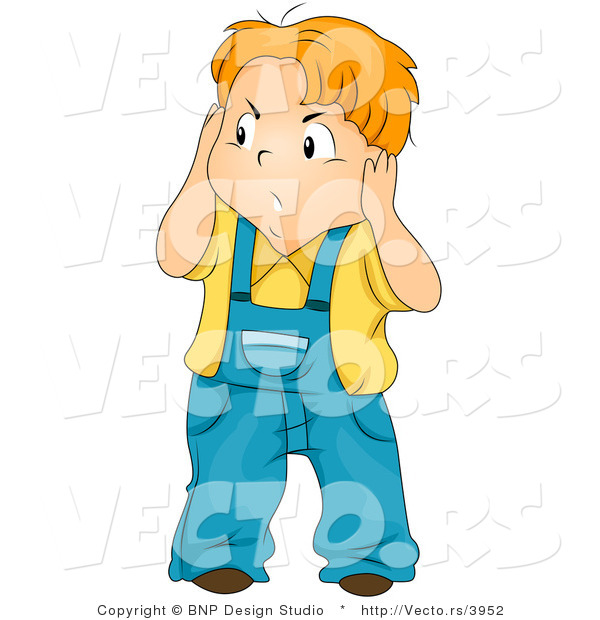 Vector of Cartoon Boy Covering His Ears from Noise While Looking Annoyed