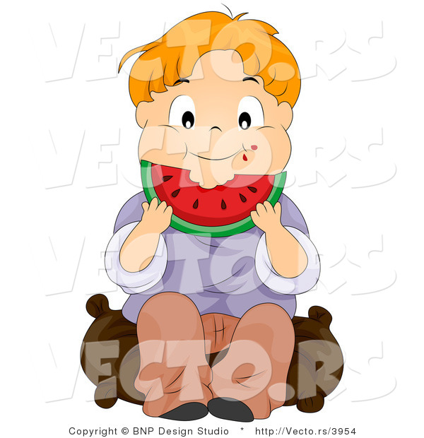Vector of Cartoon Boy Happily Eating Watermelon