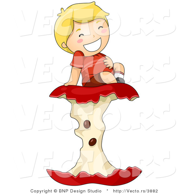 Vector of Cartoon Boy Rubbing His Tummy While Sitting on Big Apple Core