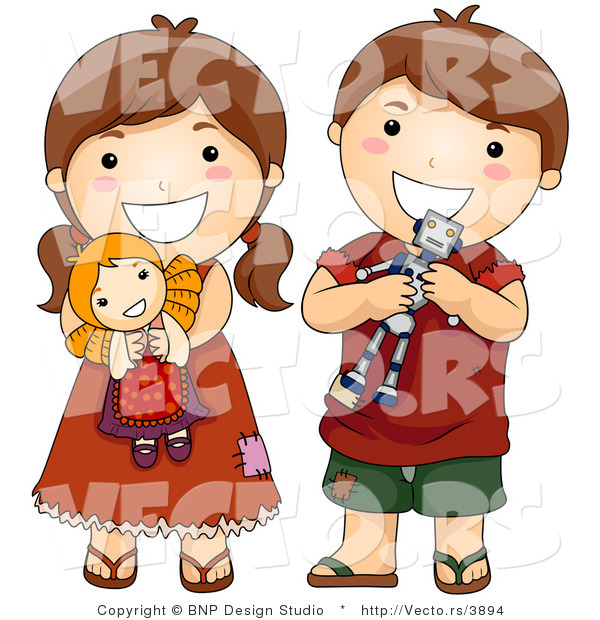 Vector of Cartoon Brother and Sister with Toys