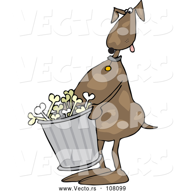 Vector of Cartoon Brown Dog Carrying a Garbage Can of Bones