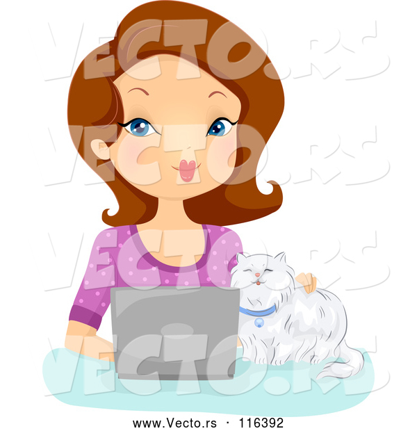 Vector of Cartoon Brunette White Lady and Cat Using a Laptop Computer