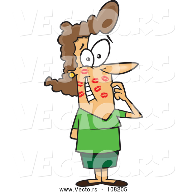 Vector of Cartoon Brunette White Lady Gushing After Getting Kissed All over Her Face