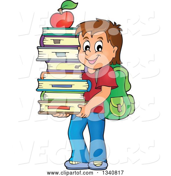 Vector of Cartoon Brunette White School Boy Carrying a Stack of Books with an Apple on Top