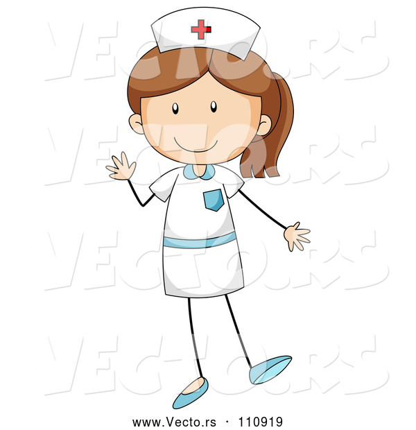 Vector of Cartoon Brunette White Stick Girl Nurse Waving