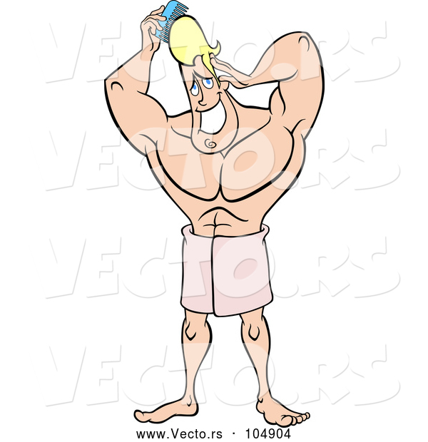 Vector of Cartoon Buff Blond Dude Combing His Hair After a Shower
