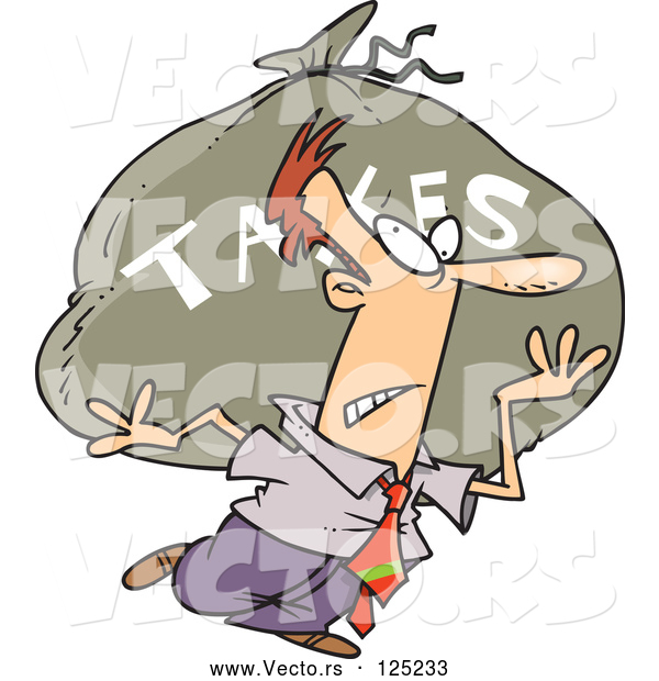 Vector of Cartoon Business Man Carrying a Huge Bag of Money for Taxes