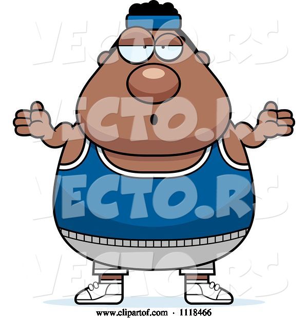 Vector of Cartoon Careless Shrugging Plump Black Gym Guy
