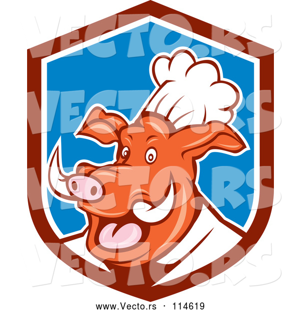 Vector of Cartoon Carton Happy Pig Chef in a Maroon Blue and White Shield