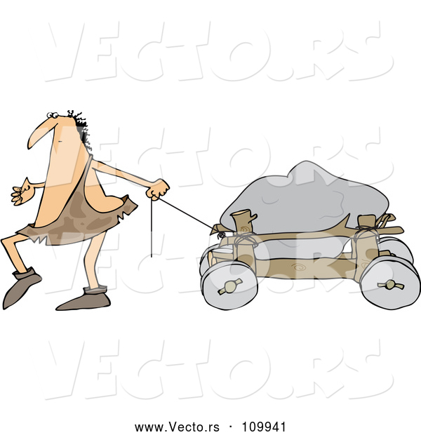 Vector of Cartoon Caveman Pulling a Boulder on a Cart