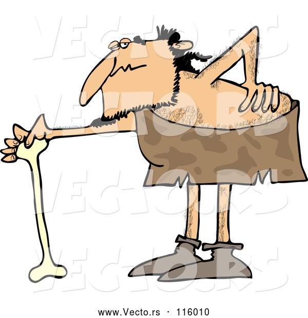 Vector of Cartoon Caveman with a Bad Back, Bending over onto a Bone Cane