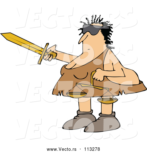 Vector of Cartoon Cavewoman Lady Justice with a Blindfold, Sword and Scales