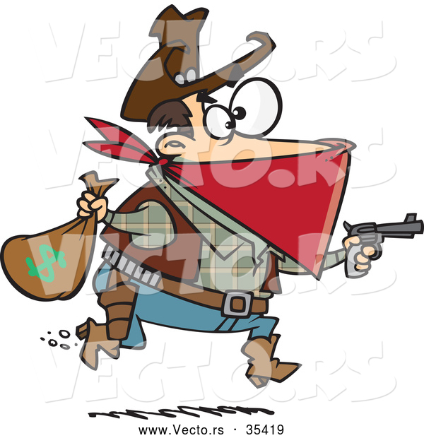 Vector of Cartoon Charles Earl Bowles, Black Bart Outlaw Running with a Stolen Bag of Money While Pointing a Gun Forward