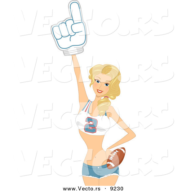 Vector of Cartoon Cheerleader Using Number One Glove While Holding a Football