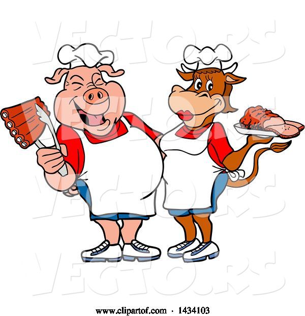 Vector of Cartoon Chef Pig and Cow with Ribs and Brisket