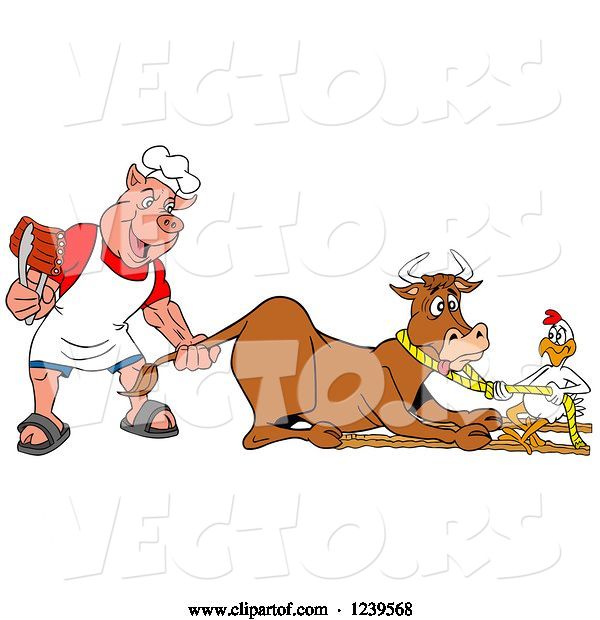 Vector of Cartoon Chef Pig Holding Ribs and Pulling the Tail of a Cow While a Chicken Holds a Rope