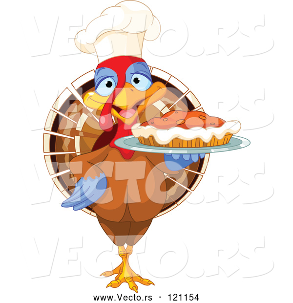 Vector of Cartoon Chef Turkey Bird Serving a Thanksgiving Pumpkin Pie