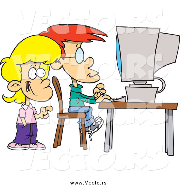 Vector of Cartoon Children Using a Desktop Computer