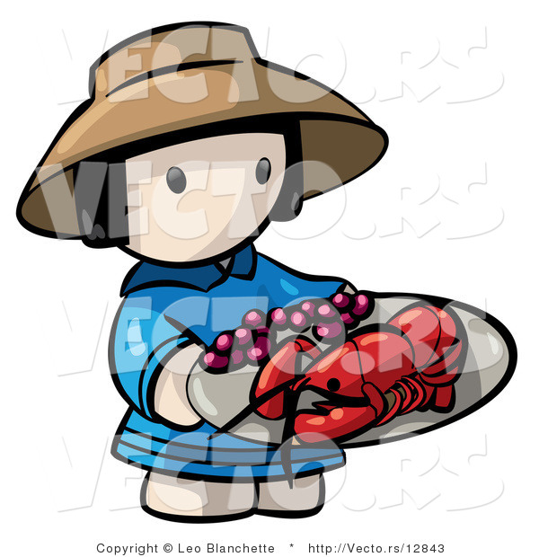 Vector of Cartoon Chinese Girl Carrying Lobster on Plate