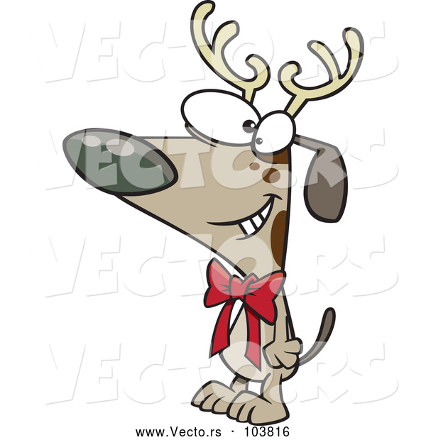Vector of Cartoon Christmas Dog Wearing Antlers and a Bow