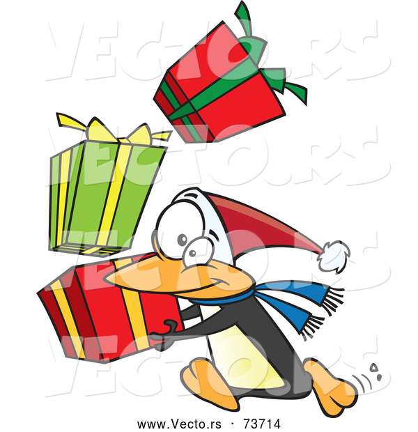 Vector of Cartoon Christmas Penguin Rushing with Stack of Presents