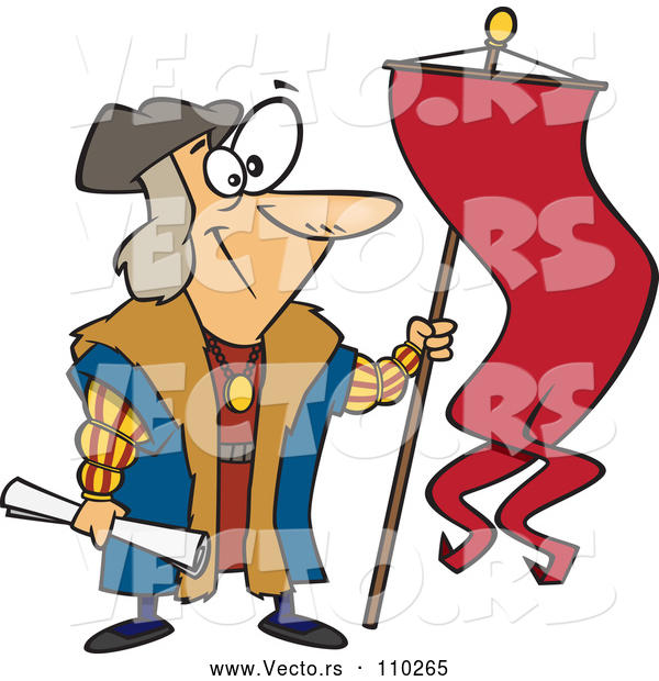 Vector of Cartoon Christopher Columbus Holding a Scroll and Flag