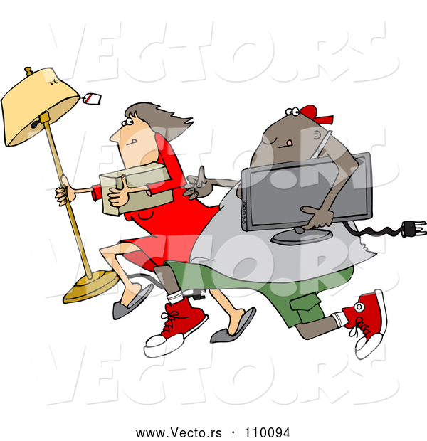 Vector of Cartoon Chubby Black Juvenile Deliquent Guy and White Lady Looting and Running with Stolen Items
