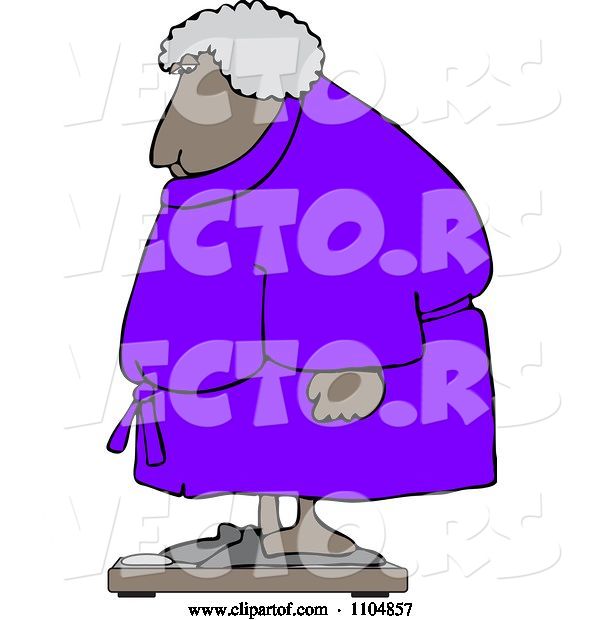 Vector of Cartoon Chubby Black Lady in a Robe Standing on a Scale