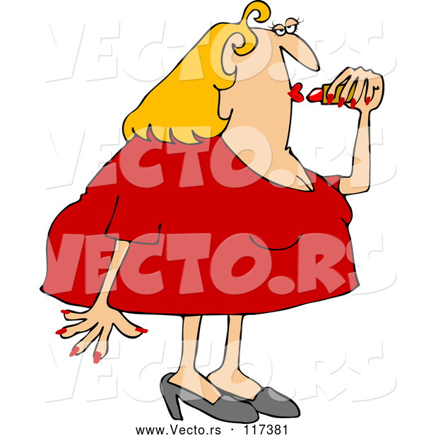 Vector of Cartoon Chubby Blond White Lady Applying Lipstick