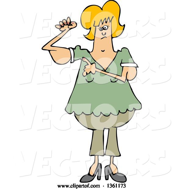 Vector of Cartoon Chubby Blond White Lady with Flabby Arms, Pointing to the Problem