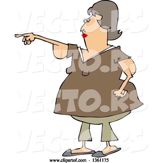 Vector of Cartoon Chubby Brunette White Lady with Flabby Arms, Pointing