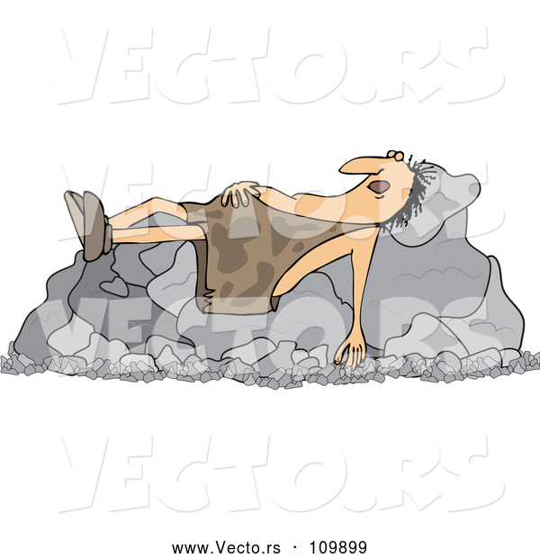 Vector of Cartoon Chubby Caveman Sleeping on Boulders