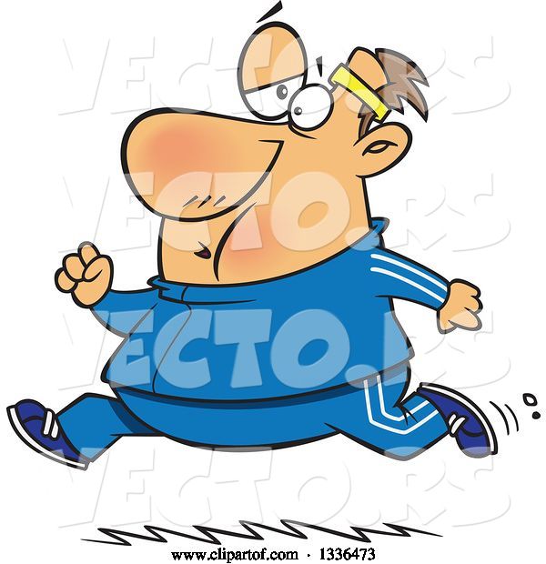 Vector of Cartoon Chubby Determined White Guy Running in a Track Suit