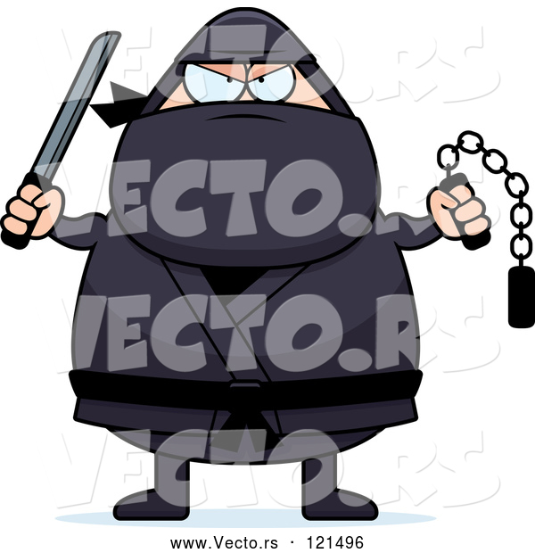 Vector of Cartoon Chubby Ninja Guy with Weapons