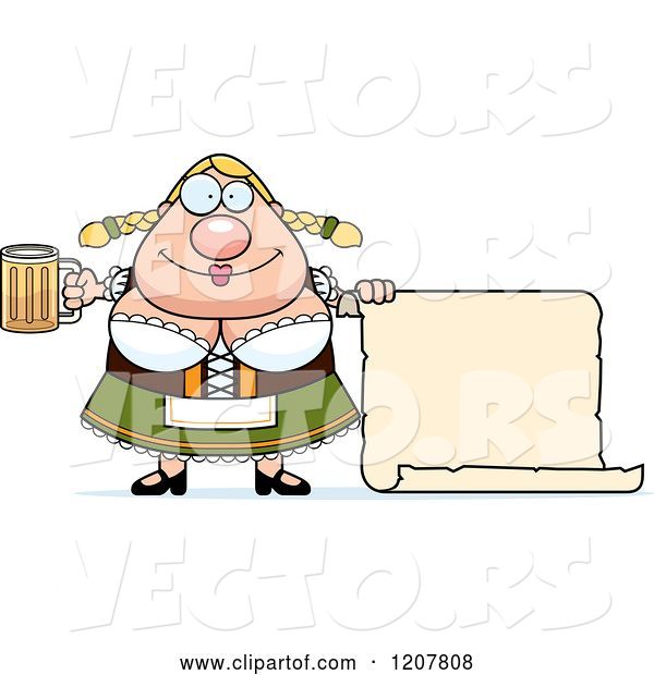 Vector of Cartoon Chubby Oktoberfest German Lady with a Beer and Sign